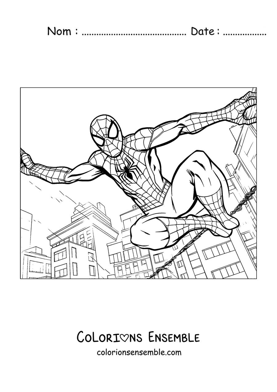 Coloriage de Spider-Man sautant les bras écartés entre les immeubles