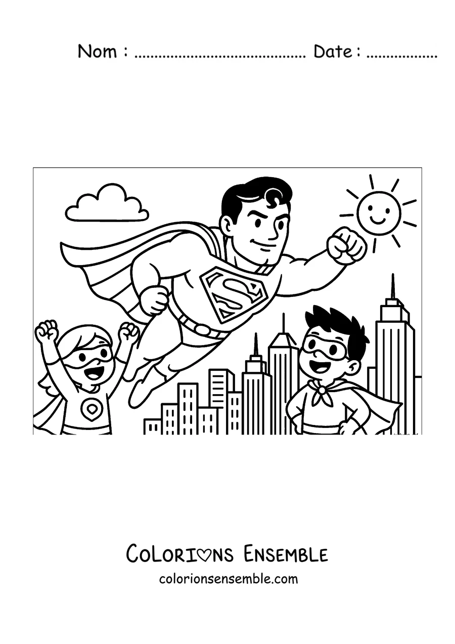 Coloriage de Superman en dessin animé volant au-dessus de la ville avec deux enfants super-héros