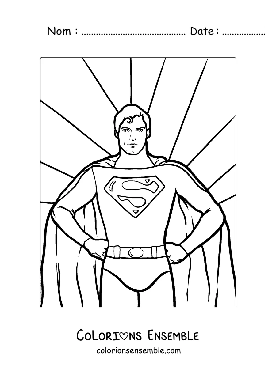 Coloriage de Superman dans une pose héroïque avec des rayons en fond