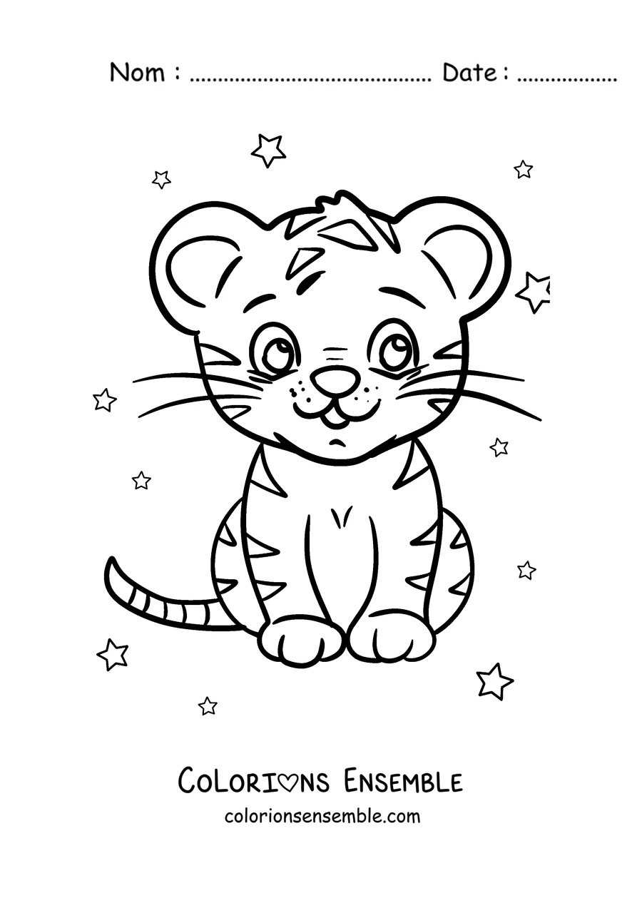 Coloriage d'un tigre kawaii assis parmi les étoiles