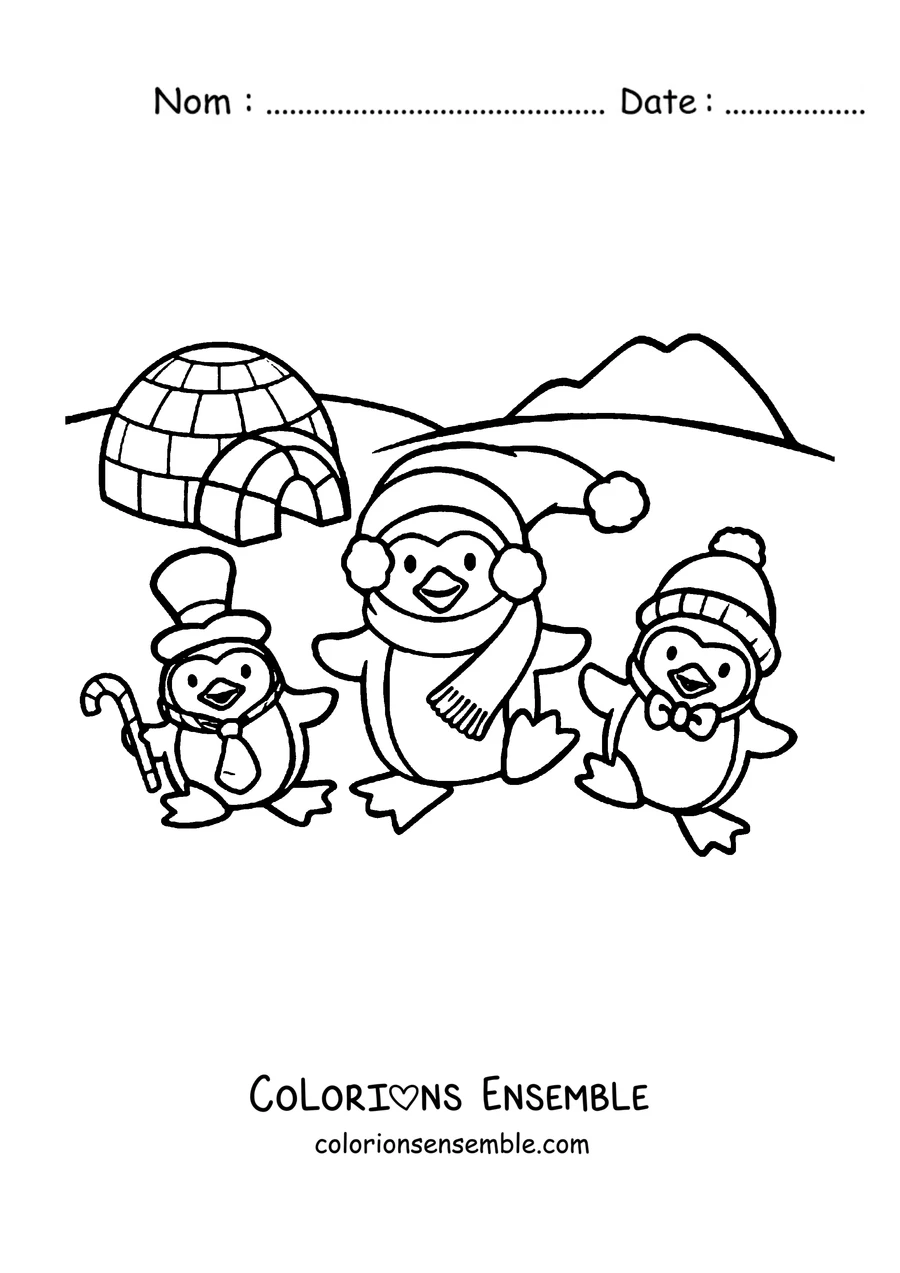 Coloriage de trois pingouins qui jouent près d'un igloo