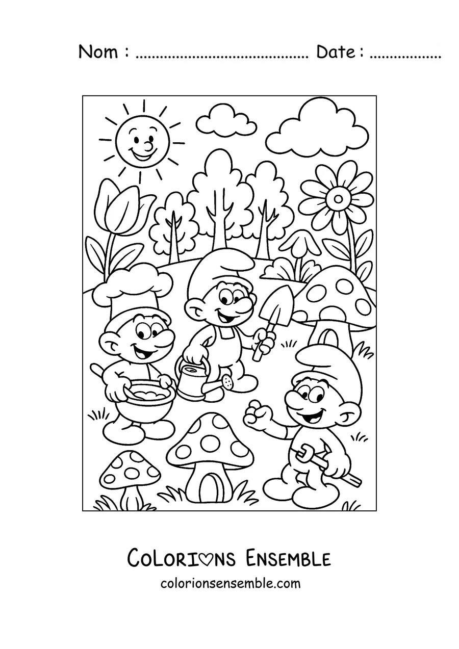 Coloriage de trois Schtroumpfs dans le jardin du village
