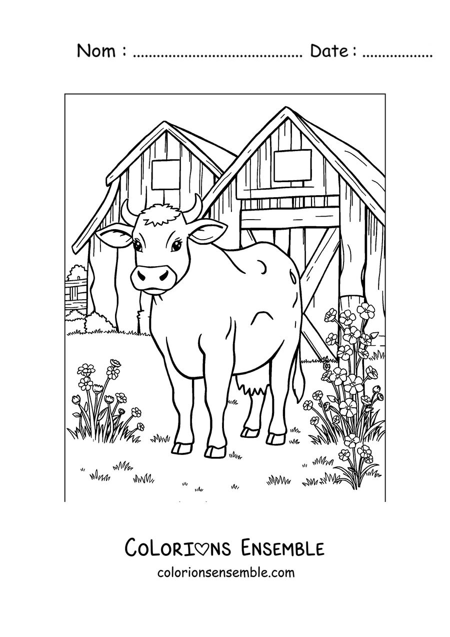 Coloriage de vache devant la grange