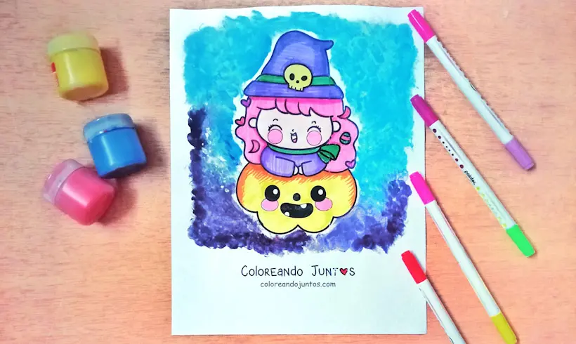 Coloriage Halloween kawaii colorié par Colorions Ensemble