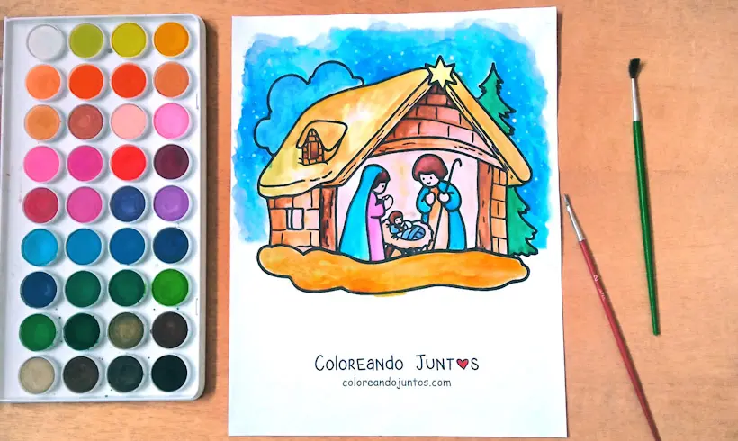 Coloriage de la crèche de Noël colorié par Colorions Ensemble