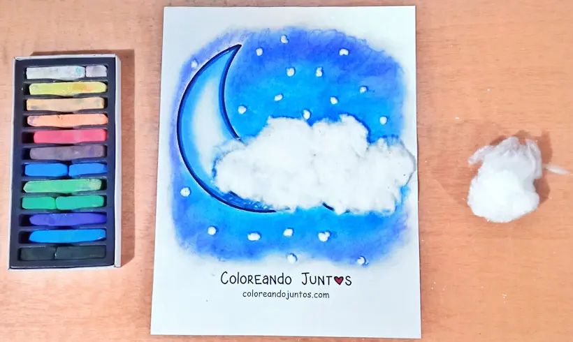 Coloriage d’une lune avec un nuage peint avec du coton