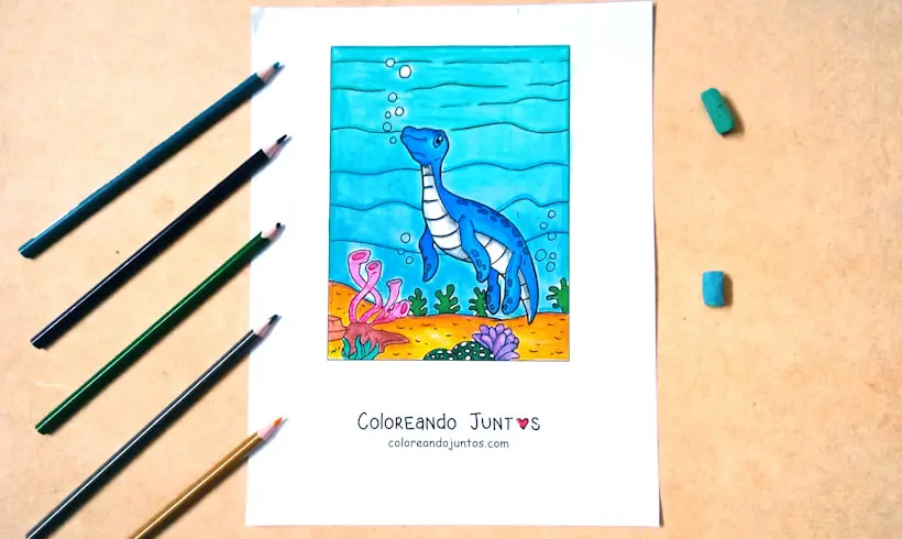 Coloriage de dinosaure aquatique colorié par Colorions Ensemble