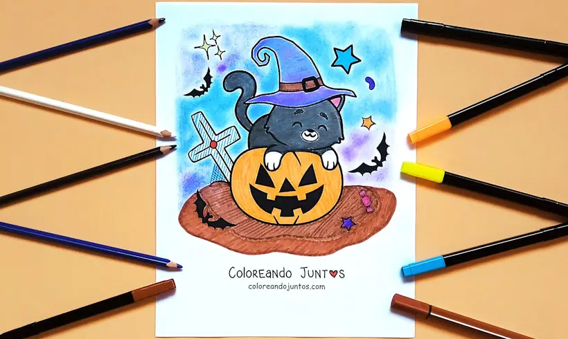 Coloriage de chat d’Halloween colorié par Colorions Ensemble