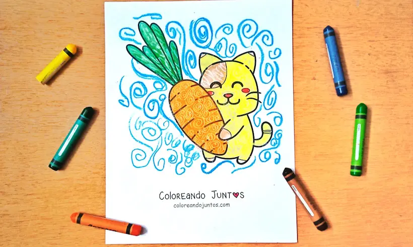 Coloriage d’un chat de dessin animé avec une carotte colorié avec la technique du grattage