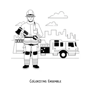 Image à colorier d'un pompier en ville à côté d'un camion