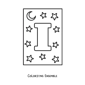 Image à colorier d'une lettre I majuscule avec des étoiles et une lune