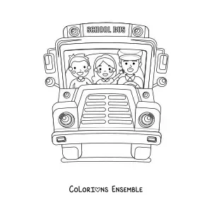 Image à colorier de la vue de face d'un autobus scolaire avec des élèves