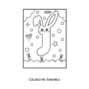 Image à colorier de la lettre J en forme de lapin kawaii animé