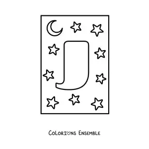 Image à colorier d'une lettre J majuscule avec des étoiles et une lune