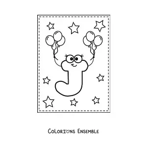 Image à colorier de la lettre J majuscule animée avec des ballons