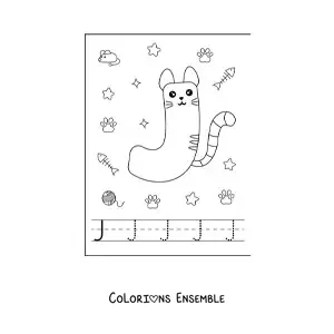 Image à colorier de la lettre J animée en forme de chat