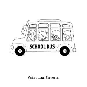 Image à colorier de plusieurs élèves animés dans un autobus scolaire