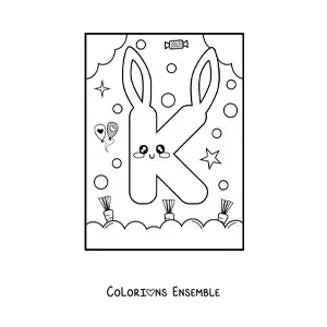 Image à colorier de la lettre K en forme de lapin kawaii animé