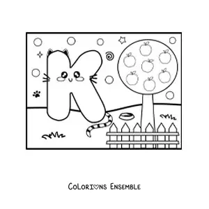 Image à colorier de la lettre K animée en forme de chat dans le parc