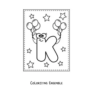 Image à colorier de la lettre K majuscule animée avec des ballons