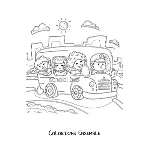 Image à colorier de plusieurs élèves heureux dans un autobus scolaire