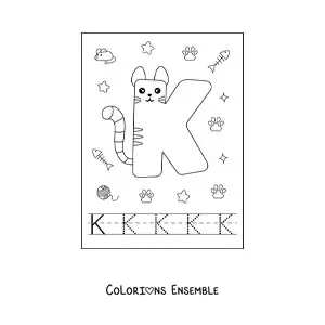 Image à colorier de la lettre K animée en forme de chat
