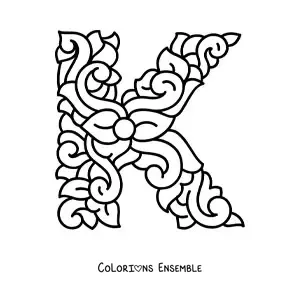Image à colorier d'une lettre K majuscule décorée
