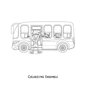 Image à colorier d'élèves animés dans un autobus scolaire