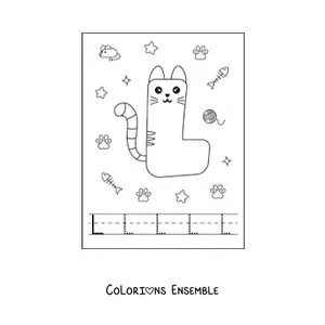 Image à colorier de la lettre L animée en forme de chat