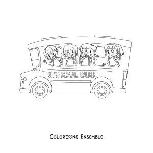 Image à colorier de quatre élèves saluant depuis les fenêtres d'un autobus scolaire