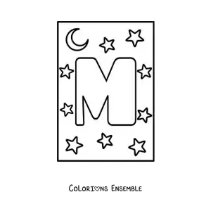 Image à colorier de la lettre M majuscule avec des étoiles et une lune