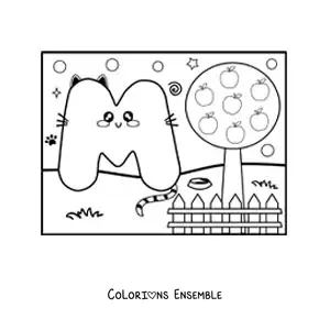 Image à colorier de la lettre M animée en forme de chat dans le parc