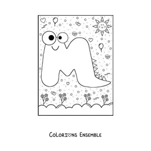 Image à colorier de la lettre M animée en forme de monstre de dessin animé