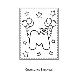 Image à colorier de la lettre M majuscule animée avec des ballons