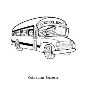 Image à colorier d'un autobus scolaire avec son chauffeur et des élèves