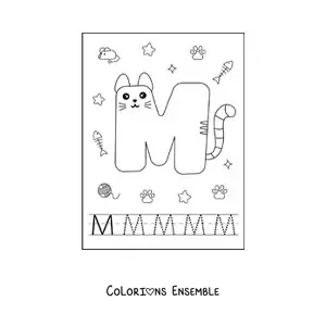 Image à colorier de la lettre M animée en forme de chat