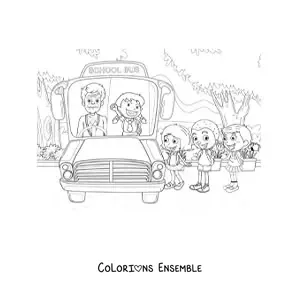 Image à colorier de plusieurs élèves montant dans le transport scolaire