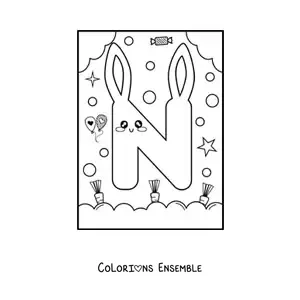 Image à colorier de la lettre N en forme de lapin kawaii animé