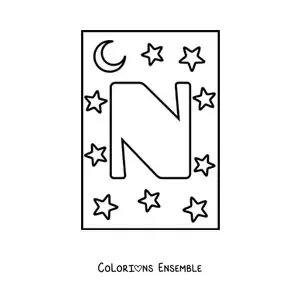 Image à colorier de la lettre N majuscule avec des étoiles et une lune