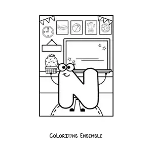 Image à colorier de la lettre N animée à l’école