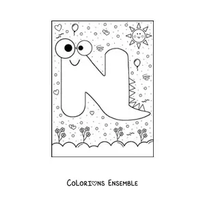 Image à colorier de la lettre N animée en forme de monstre de dessin animé