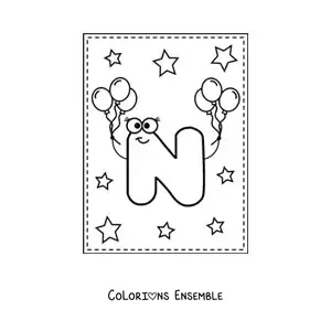 Image à colorier de la lettre N majuscule animée avec des ballons