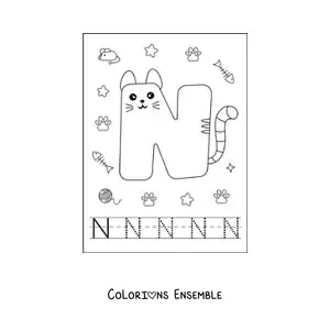 Image à colorier de la lettre N animée en forme de chat