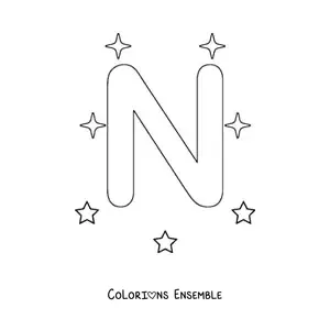 Image à colorier de la lettre N majuscule avec des étoiles