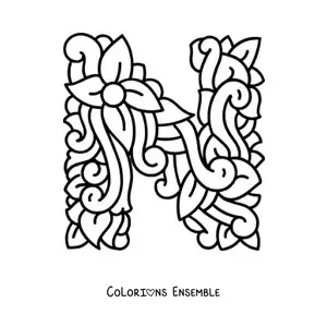 Image à colorier de la lettre N majuscule décorée