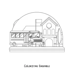 Image à colorier d'un autobus scolaire à l'école