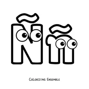 Image à colorier de la lettre Ñ majuscule et minuscule en dessin animé