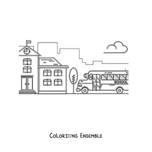 Image à colorier d'un autobus scolaire garé à côté d'une école