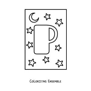 Image à colorier de la lettre P majuscule avec des étoiles et une lune