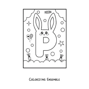 Image à colorier de la lettre P en forme de lapin kawaii animé
